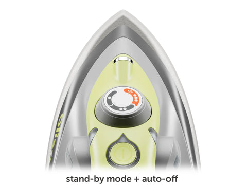 Pistachio green Oliso M3Pro Project Iron with stand-by mode and auto-off features.