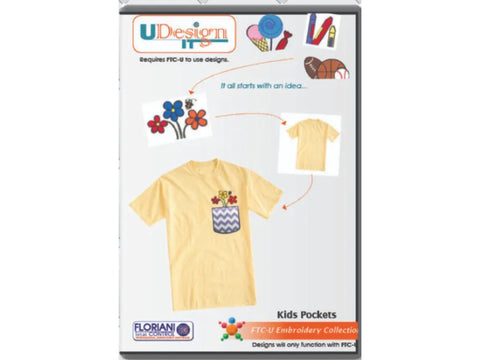 Floriani U-Design It Kids Pockets embroidery collection featuring a yellow t-shirt with a pocket design.