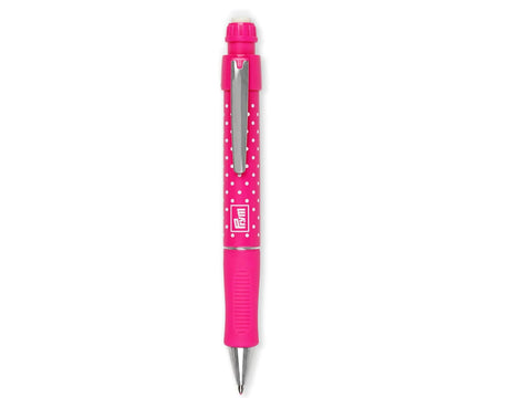 Pink Prym Love extra fine fabric pencil with white polka dots.