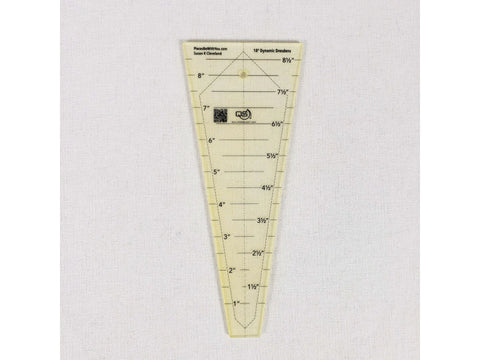 A clear yellow 18-degree Dresden ruler with black markings and a QR code.