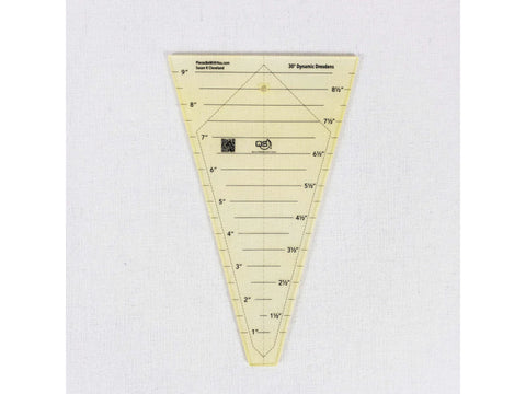 A yellow, transparent 30-degree Dresden ruler with inch and half-inch markings.