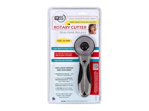 A Quilters Select 60mm Deluxe Rotary Cutter in its clear plastic packaging.