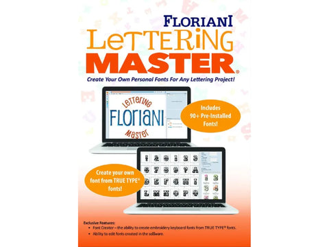 Floriani Lettering Master Embroidery Software displayed on two laptops with feature callouts.