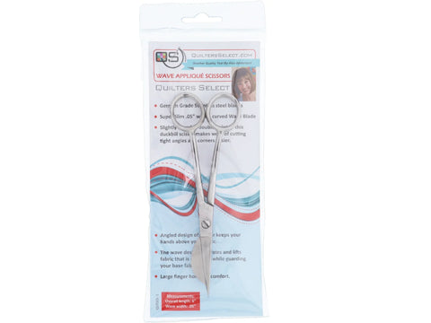 Silver Quilters Select Wave Applique Scissors in clear packaging.