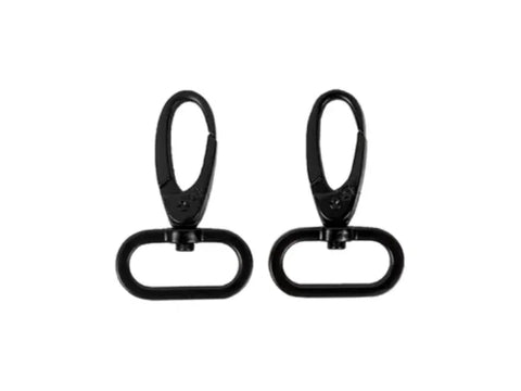 Two black metal 1-inch swivel hooks.