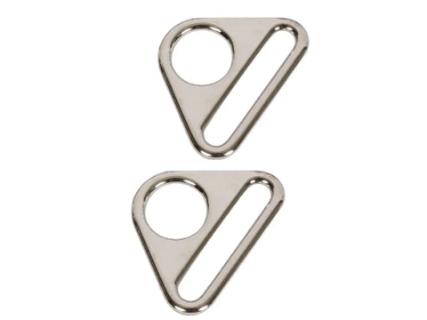 Two shiny nickel-plated triangle rings with a circular and a rectangular opening.
