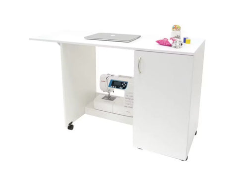 White Arrow Hobby Craft Desk with a laptop, sewing machine, and crafting supplies.