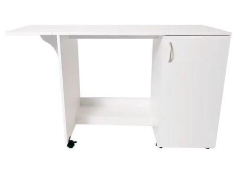 White craft desk with a drop leaf, storage cabinet, and casters.