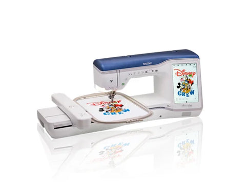 A white and blue Brother Stellaire Innovis XJ1 sewing and embroidery machine with a Disney design.