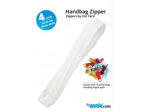 Four yards of white handbag zipper tape with 16 colorful zipper pulls.