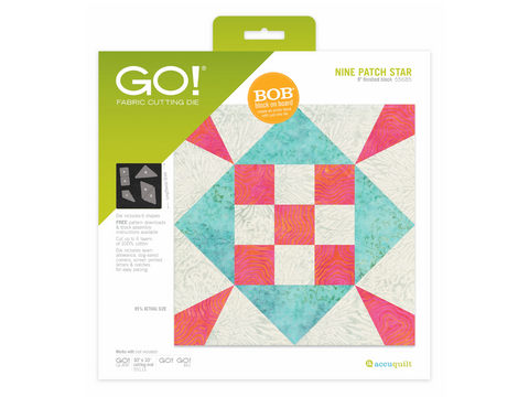 A GO! Fabric Cutting Die for a Nine Patch Star quilt block, featuring a colorful example.