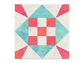 A quilt block with a central nine-patch in pink and white, surrounded by teal and white triangles.