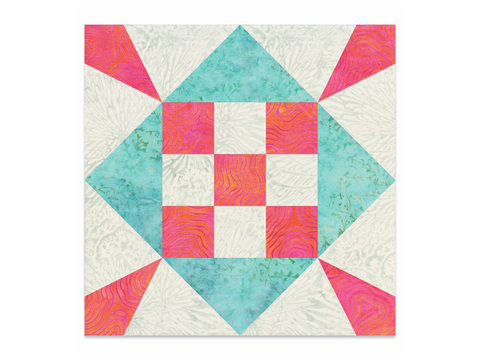 A quilt block with a central nine-patch in pink and white, surrounded by teal and white triangles.