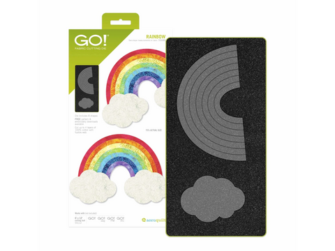 A fabric cutting die for a rainbow and a cloud, shown with example fabric cutouts.