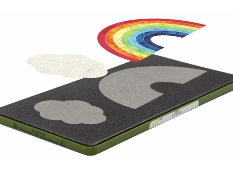 A GO! Rainbow die with a rainbow and two clouds cut from fabric.