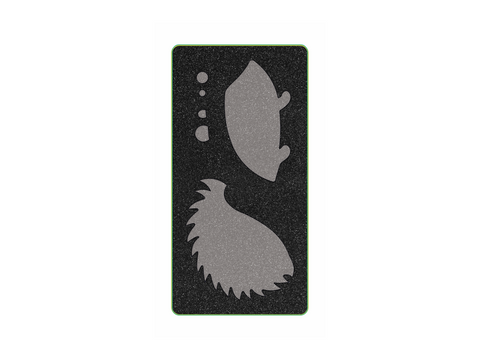 A black foam die with six gray shapes for cutting a hedgehog design.