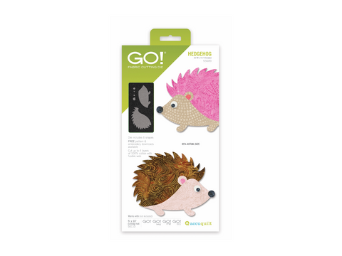 A fabric cutting die for a hedgehog, shown with two finished fabric hedgehogs.