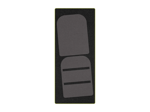 Two dark gray wallet die-cut shapes are arranged vertically on a black mat with a green border.