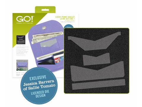 A fabric cutting die set for a wallet, featuring a purple wallet and the die shapes.