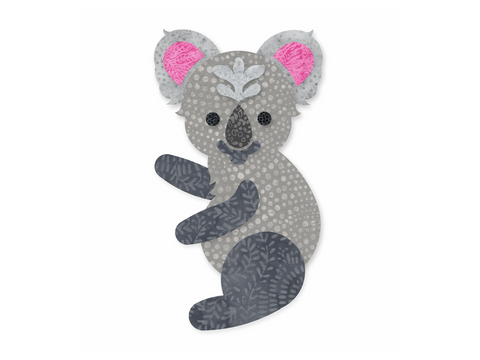 A gray koala with pink ears and patterned limbs waves.