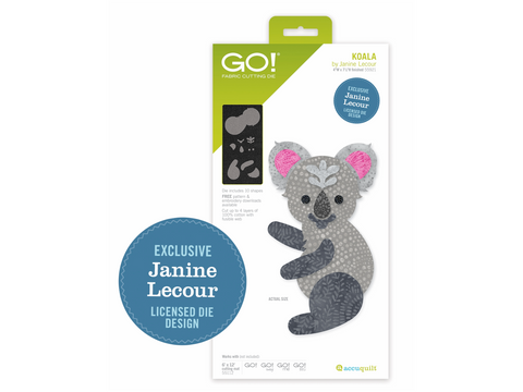A GO! Koala fabric cutting die by Janine Lecour is displayed on its packaging.