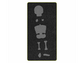 A black cutting die features eight gray skeleton shapes, including a skull, rib cage, and bones.