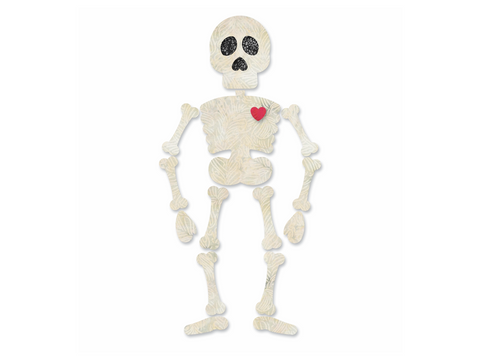 A decorative skeleton with a red heart on its chest.