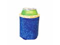 A green soda can in a blue and yellow patterned fabric can cozy.