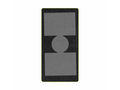 A gray and black foam die-cut with two rectangles and a circle shape.
