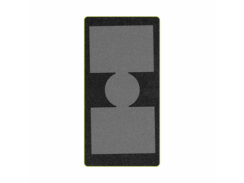 A gray and black foam die-cut with two rectangles and a circle shape.