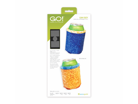 A fabric cutting die for a can cozy, shown with two finished blue and orange cozies.
