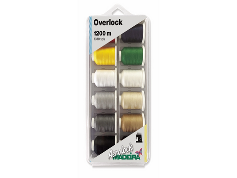 A clear plastic package contains 12 spools of Madeira Aerolock overlock thread in various colors.