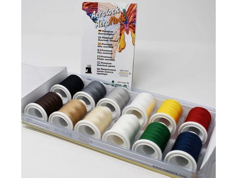 A multi-colored set of 12 spools of Aerolock thread in a clear plastic case.