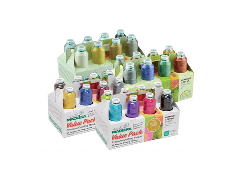 Four multi-colored thread value packs are displayed, each containing eight spools.