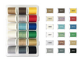 An open plastic box containing 18 spools of various colored threads, with a color chart to the right.