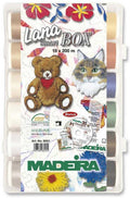 Madeira Lana Smartbox with 18 spools of thread, needles, color card, and design CD.