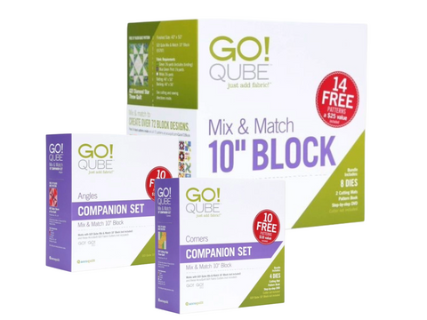 Three AccuQuilt Qube sets, including Mix & Match 10" Block, Angles, and Corners.