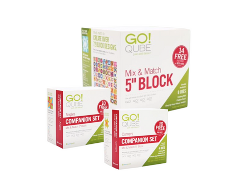 Three AccuQuilt Qube sets are displayed, including Mix & Match 5" Block, Angles, and Corners.