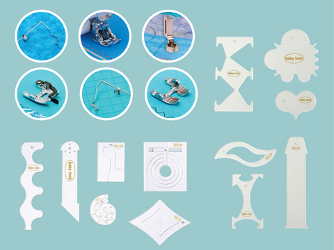 A collection of Baby Lock quilting accessories, including presser feet and various templates.
