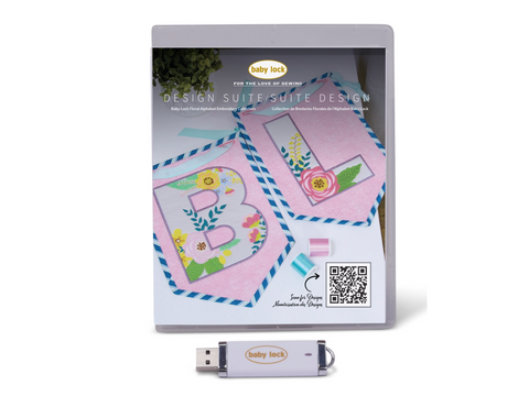 A Baby Lock Design Suites Alphabet Embroidery Design Collection USB drive and its clear case.