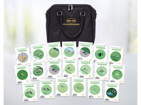 A black Baby Lock bag is surrounded by 18 sewing machine feet in their packaging.