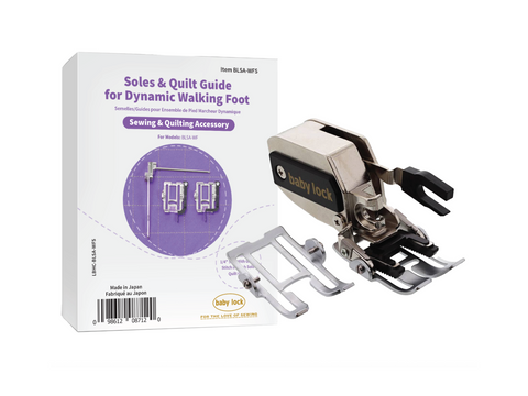A Baby Lock Dynamic Walking Foot set with four soles and a stitch guide.
