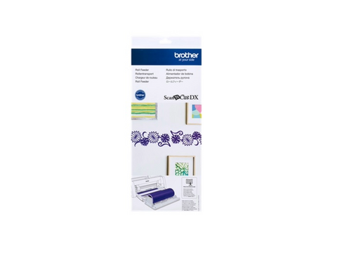 Brother Scan N Cut DX Roll Feeder in its packaging, showing a purple roll and cut designs.