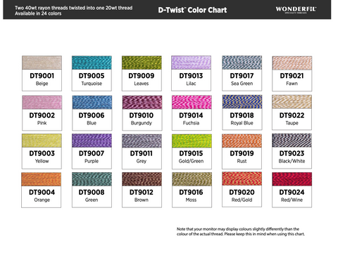 A color chart displays 24 spools of D-Twist thread in various dual-color combinations.