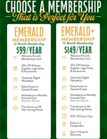 Two membership options are displayed: Emerald and Emerald+ with their respective benefits.