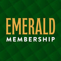 "Emerald Membership" in gold and white text on a green diamond pattern background.