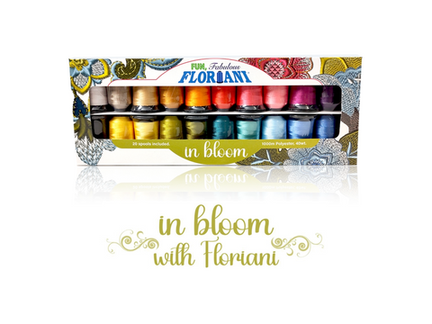 A Floriani In-Bloom 20 spool set of polyester embroidery thread in various colors.