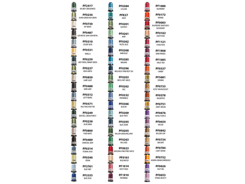 A grid of 60 spools of Floriani polyester embroidery thread in various colors.