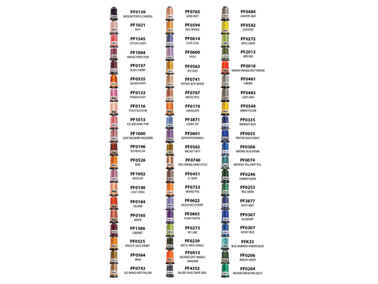 A grid of 60 spools of Floriani embroidery thread in various colors.