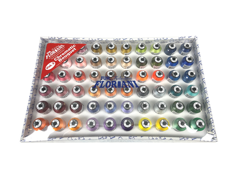A box containing 60 spools of Floriani polyester embroidery thread in various colors.
